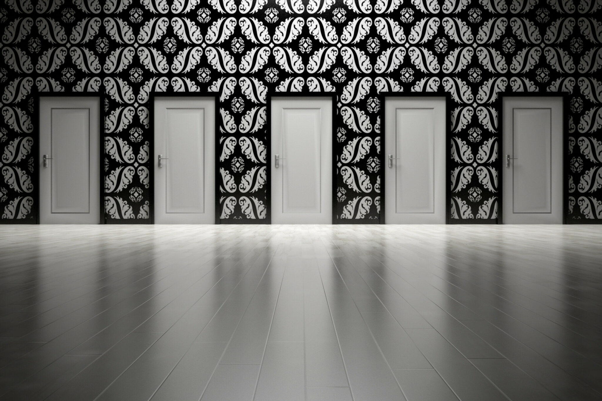 A sequence of white doors to choose from