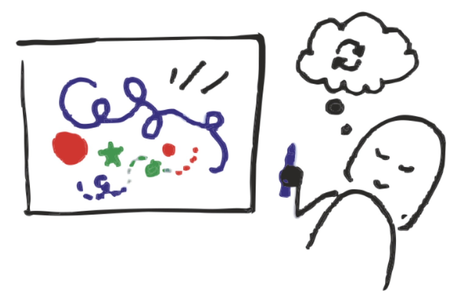 Illustration of a person re-imagining things and drawing on paper