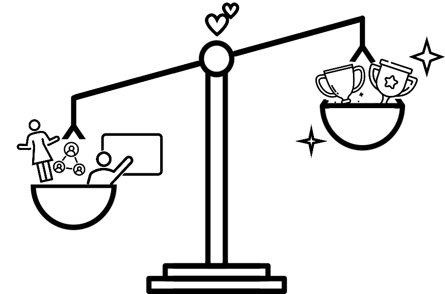 Illustration of a scale with one hand holding important people and the other holding trophies